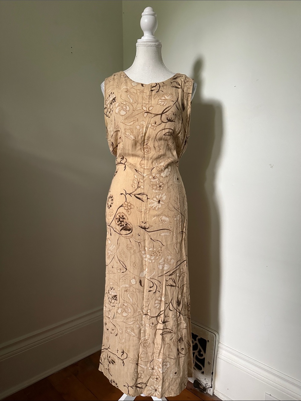 NORTHERN REFLECTIONS Tan Floral Cottagecore Prairie Tie Back Maxi Dress Large